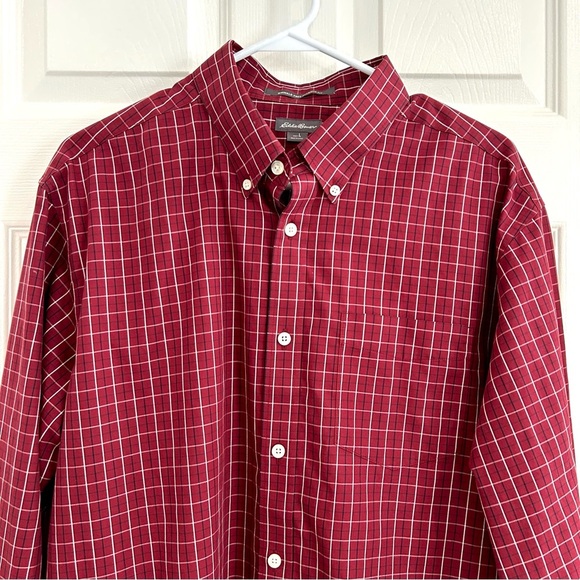 Eddie Bauer Mens Red Plaid Checkered Long Sleeve Button Up Dress Shirt L Cotton - Picture 4 of 13